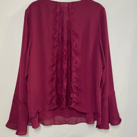 LC Lauren Conrad Lace Back Bell‎ Sleeve Burgandy Maroon blouse Dress shirt XL - Picture 3 of 9